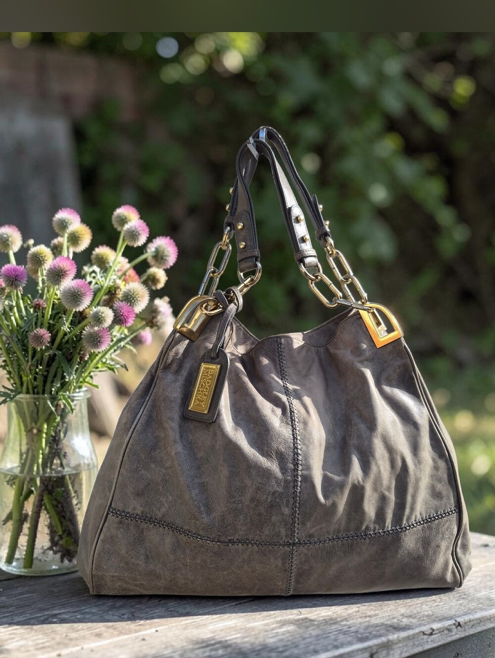 Badgley Mischka Gaia Hobo Distressed Grey Leather Shoulder Bag